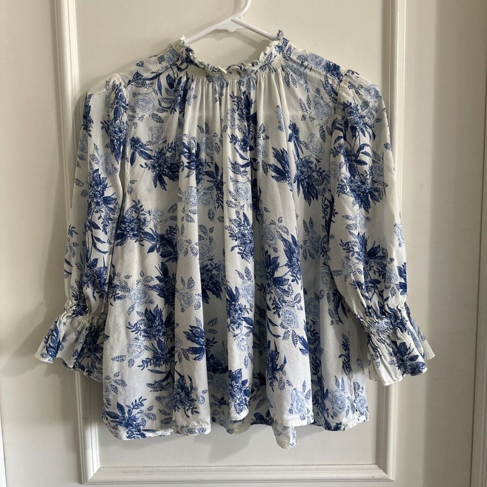 Free People XS Blue Floral Top Puff Sleeve White Tie Back